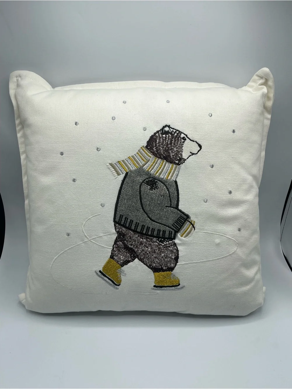 Threshold Embroidered Ice Skating Bear Pillow - White, Gray, Brown, Mustard